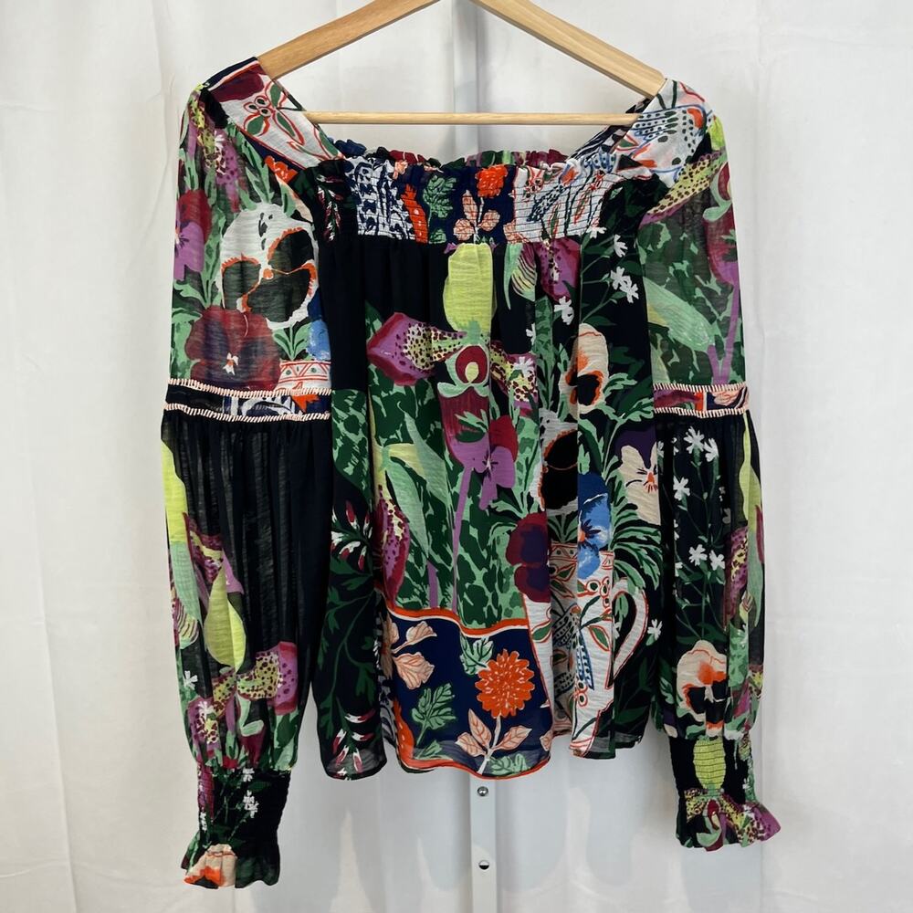 ANTHROPOLOGIE XS Lil Sire Puff Sleeve Blouse Smocked Mixed Print Top Black Multi